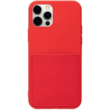 Imagem de Stephanie Imports Capa de telefone de silicone forrada de feltro vermelho com bolso frontal costurado para iPhone 12 e 12 Pro + protetor de tela de vidro temperado