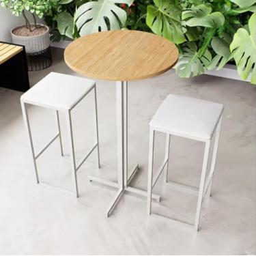 Imagem de Conjunto Mesa Alta Bar Bistrô Redonda Pinus 2 Bancos Estofado Industrial White (Branco)