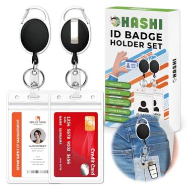 Imagem de HA SHI Pacote com 2 porta-crachás retráteis com mosquetão – Suporte de cartão de cordão vertical transparente resistente, carretel de crachá durável com cabo de extensão de 61 cm