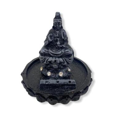 Imagem de Incensario kuanyn preto sentado na flor de lotus  8 cm em resina - Lua