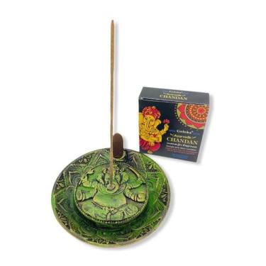 Imagem de Incensário cascata prato Ganesha verde 12 cm em resina -  traz proteçã