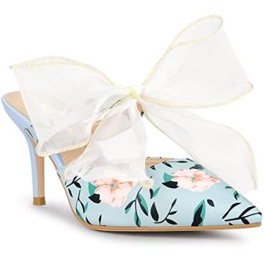 Imagem de Allegra K Sapato feminino bico fino renda laço floral estampado salto agulha mules, Azul, 8