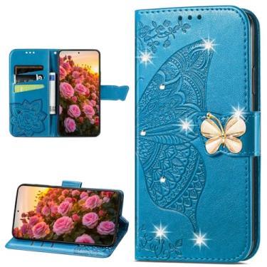 Imagem de CCSmall Capa carteira para mulheres Xiaomi Redmi Note 13 5G com borboleta floral em relevo couro PU flip capa com compartimento para cartão para Redmi Note 13 5G strass azul
