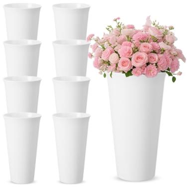 Imagem de Ninehaoou Pacote com 8 baldes de flores para flores cortadas, baldes florais de plástico de 24 cm, vasos redondos modernos para exibição floral, vasos brancos decorativos para mesa de centro de mesa