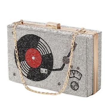 Imagem de Renabro Bolsa tiracolo feminina retrô em formato de rádio, strass, metal, vintage, para noite, Toca-discos de vinil