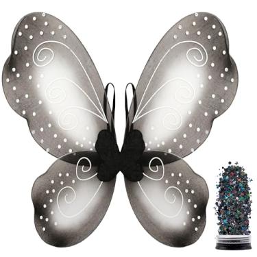 Imagem de Funcredible Asas de borboleta pretas | Conjunto de asas de fada escura com glitter grosso | Acessórios de fantasia de borboleta | lembrancinhas de festa de cosplay de Halloween para mulheres e crianças