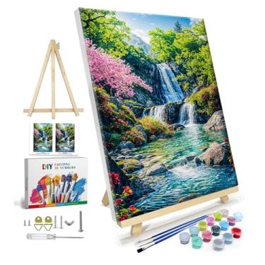 Imagem de JOOZ Kit de pintura por números para adultos com moldura, pintura de paisagem por número com cavalete, pintura de cachoeira de montanha por tela numérica, kit de pintura a óleo de paisagem DIY para
