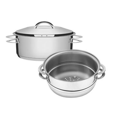 Imagem de Jogo De Caçarola Rasa + Cozi-vapore Solar 24 Cm 4,7 L Em Aço Inox Fundo Triplo Tramontina