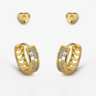Imagem de Kit Brincos Argola e Segundo Furo Brinco De Coração