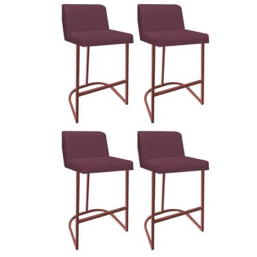 Imagem de Kit 04 Banquetas Com Encosto Noah Luxo Confort Bistrô Cozinha Ferro Bronze Suede Bordô - Amey Decor