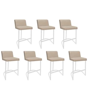Imagem de Kit 07 Banquetas Com Encosto Noah Luxo Confort Bistrô Cozinha Ferro Branco Corino Bege - Amey Decor
