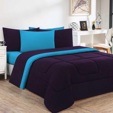 Imagem de Kit Edredom + Jogo De Lençol Malha 100% Algodão Gran Moratta 6 Peças Casal - Roxo -azul Turquesa
