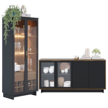 Imagem de Kit com Cristaleira Led e Buffet Aparador Porta Vidro Preto Colibri