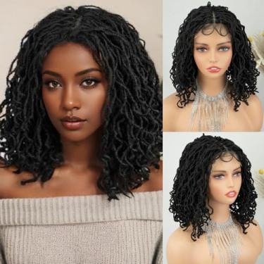 Imagem de MISS FANCY Perucas Pretas Curtas Trançadas, 16" Faux Locs 4X4, Bordadas, Renda Frontal, Dreadlock, Peruca Para Mulheres Negras, Afro Cacheada, Sintética, Pré-Cortada Com Baby Hair (#1B)