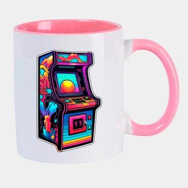 Imagem de Caneca Branca Interna Rosa de Porcelana 325ml FLIPERAMA NEON RETROWAVE