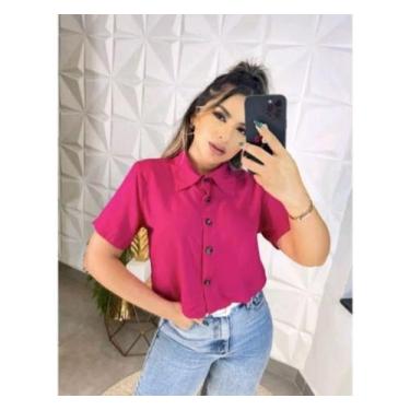 Imagem de Blusa Feminina Cropped Camisa Social Botões Em Viscolinho - amora mora