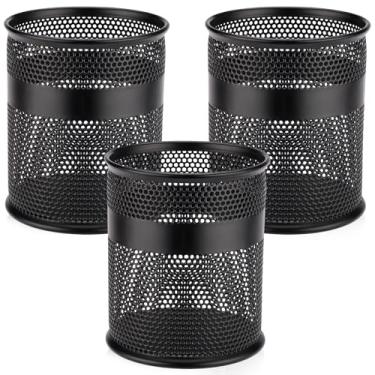 Imagem de Segarty Suporte de caneta para mesa, pacote com 3 porta-copos preto, organizador de canetas de mesa de metal, copos de lápis de 8,4 x 9,9 cm para organização de material de escritório, sala de aula