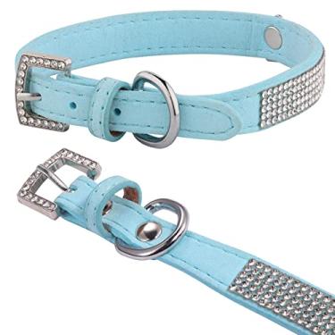 Imagem de AOKSI Coleira para cães e gatos, fivela de prata brilhante de luxo e diamante brilhante com decoração de coroa de strass coleiras de couro de veludo para cães pequenos filhotes de gatos médios (PP, azul)
