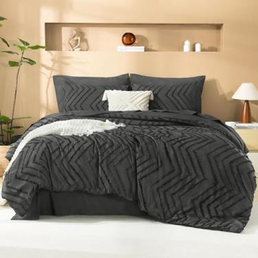 Imagem de Litanika Conjunto de edredom super king size com lençol cinza escuro – 7 peças, cama em uma bolsa, tamanho king, boho, tufado, completo, edredom com edredom, lençóis, fronhas e fronhas