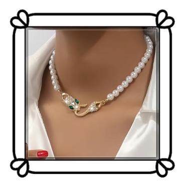 Imagem de Colar delicado de cristal de cobra e pérola dourada com detalhes dourados e cristais de esmeralda, colar retrô de pérolas de serpente, joias