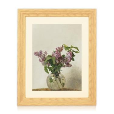 Imagem de Brivoria Arte de parede de flor lilás emoldurada 33 x 40 cm Tela botânica vintage com placa de tapete e moldura de madeira sintética para quarto, corredor, cozinha ou exibição de parede vertical