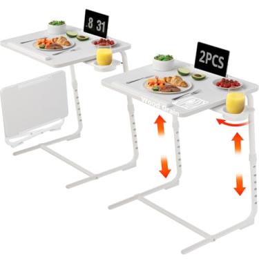 Imagem de Conjunto de 2 bandejas de TV dobráveis para TV ajustáveis para comer no sofá, mesas de madeira, suporte dobrável, branca, com suporte para copos, portátil