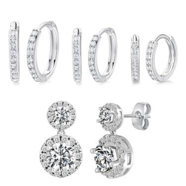 Imagem de MDFUN Conjunto de brincos de zircônia cúbica banhados a ouro branco 14K Hoops Huggie para mulheres, pacote com 2/5 pares, Latão, Zircônia cúbica