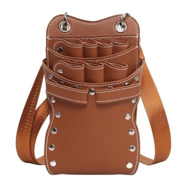 Imagem de OIIBWQ Bolsa para tesouras de salão de beleza, bolsa para tesouras de cabeleireiro, suporte profissional para tesouras, de couro PU para ferramentas de, Marrom
