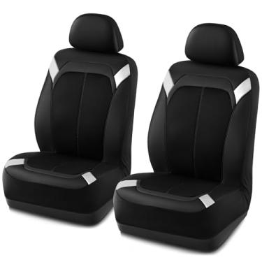 Imagem de PIC AUTO Capa de assento de carro – Couro prateado e preto com malha respirável, protetor de assento automotivo de ajuste universal, elegante em dois tons, capa de assento frontal de couro durável