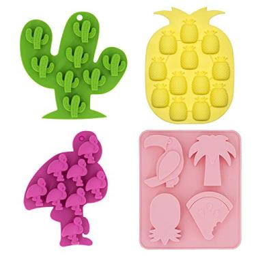 Imagem de Fewo Pacote com 4 bandejas de gelo temáticas tropicais Havaí moldes de silicone para chocolate, doces, gomas, frutas, lanches, gelatina, mini sabonete, cera, giz de cera, derretimento (cacto, abacaxi