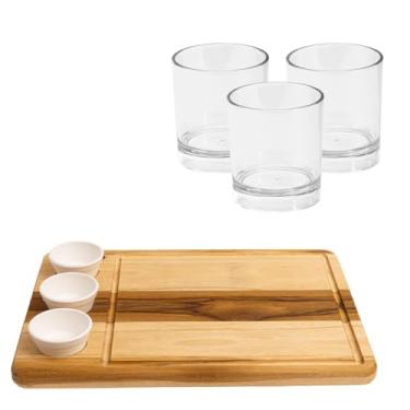Imagem de Conjunto Kit Wooden Glow Tábua Retangular Corte Churrasco Frios Madeira Acompanha Ramequim Com 3 Taças de Vinho Ou 3 Copos Whisky (3, Branco - Whisky)