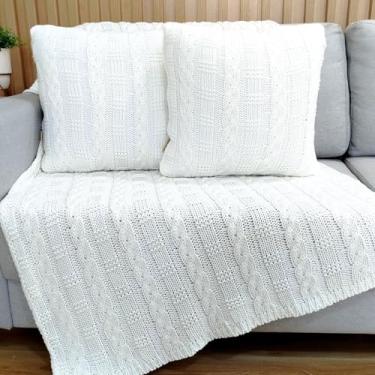 Imagem de Kit Manta Tricot Luxo 150x90cm + 2 Almofadas com Enchimento | Zíper Invisível | Fibra Siliconada | Sofá Sala | Xale Decorativo Elegante d05 (Offwhite Natural)