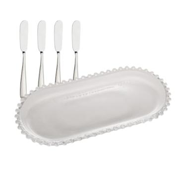 Imagem de Travessa Oval de Cristal 24cm com 4 Espátulas de Inox para Servir Petiscos e Patês