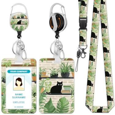 Imagem de Hancynir Cordões para crachás de identificação, porta-crachás de folhas de gato preto com clipe retrátil, etiquetas de nome de trabalho fofas, chaveiro, cordão, cartão de identificação, capa protetora