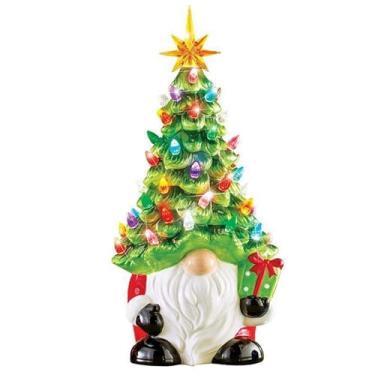 Imagem de Gnomos de Natal, estátua de gnomo iluminada com chapéu de árvore de Natal, estatuetas de gnomo de resina, decoração de Natal 20 x 8 x 8 x 7 para mesa, jardim, pátio, quintal, gramado.