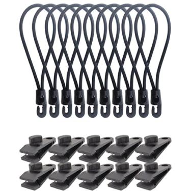 Imagem de WMZOBH Grampos de lona para serviço pesado – Pacote com 20 cabos elásticos com clipes, prendedores e prendedores, pequenos cabos elásticos com ganchos de 15 cm (preto)