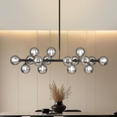 Imagem de PiWWPi Lustre Sputnik Globo de vidro, luminária moderna de 16 luzes de meados do século sobre mesa, lustres lineares para sala de jantar, ilha de cozinha, bolha preta e cinza fumê, 101 cm, GC-02