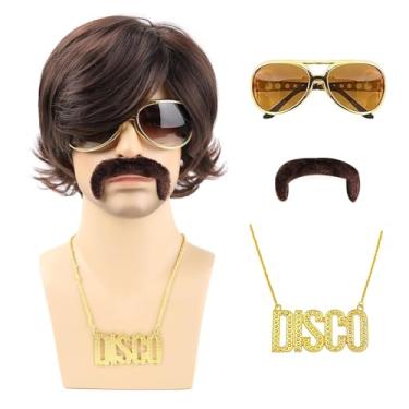 Imagem de TUOFLY Conjunto de 5 peças de peruca marrom masculina (Wig+ óculos + colar + bigode + touca de peruca) Peruca curta ondulada felpuda anos 70 para festa de cosplay de Halloween