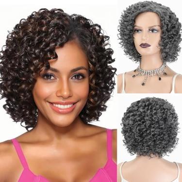 Imagem de XIUFAXIRUSI XIUFAXIRUSI Perucas Afro Curtas Encaracoladas para Mulheres Negras, Peruca de Cabelo Encaracolado Crespo Sintético Natural Sal N Pimenta Resistente ao Calor para Uso Diário