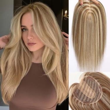 Imagem de starluck 12,7 x 12,7 cm Base de seda Lage Toppers de cabelo humano real para mulheres, 60 gramas de alto volume, 100% cabelo humano real para mulheres com queda de cabelo fino (marrom loiro misto, com
