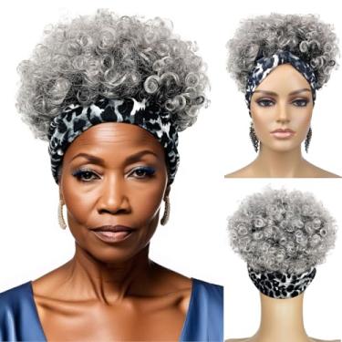 Imagem de Adancyler Peruca cinza encaracolado crespo para mulheres negras, cacheado, curto, para colocar e ir, faixa de cabeça peruca sintética de cabelo afro, peruca de cabelo afro, peruca