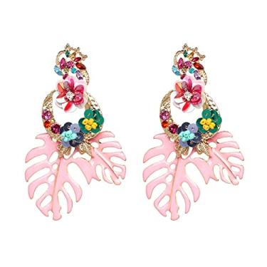 Imagem de Lureme Brincos pendentes de folha floral rosa claro, liga de zinco, 2,09 pol. 9,54 pol 5,3 cm x 9 cm, Zinco, Sem pedra preciosa