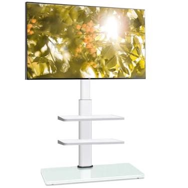 Imagem de AOKCOS Suporte de TV de chão com 2 prateleiras para TVs de 32 a 65 polegadas, suporte giratório para TV de chão com inclinação, suporte alto ajustável de 8 níveis de altura para sala de estar/quarto