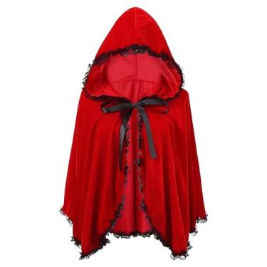 Imagem de Yinbwol Capa feminina de fantasia de chapeuzinho vermelho, Halloween, Natal, cosplay, festa, veludo, fantasia vermelha, Renda vermelha e preta, 60cm/23.62inch