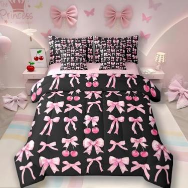 Imagem de Jogo de cama de casal com laço de cereja rosa, 7 peças, lindo laço de seda e laço de princesa, conjunto de lençol kawaii, decoração de quarto feminino, rosa choque e preto