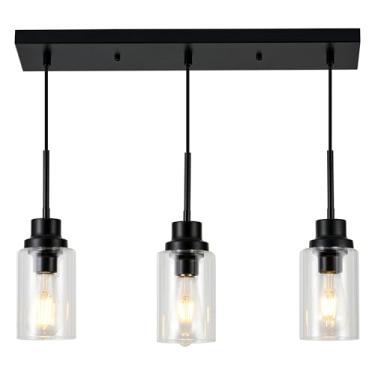 Imagem de LIGOTFIRE Luminárias pendentes de 3 luzes, iluminação moderna de ilha de cozinha preta com sombra de vidro transparente, lâmpada de teto suspensa ajustável