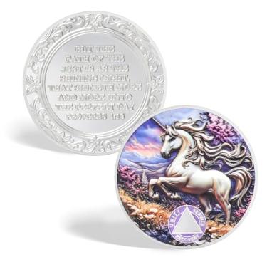 Imagem de CHURYUML Moeda de sobriedade de unicórnio - Medalhões de recuperação de fichas AA de afirmação com Provérbios 4:18, Sober Chip com cápsula token, presentes de sobriedade para o mês de aniversário e