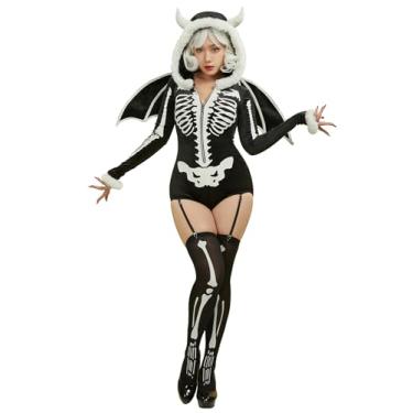 Imagem de Mobbunny Macacão feminino estilo crânio gótico, pijama de esqueleto de Halloween com asas, macacão curto com capuz