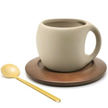 Imagem de Conjunto de canecas de café de cerâmica com pires e colher de madeira natural - 241 g xícaras de chá elegantes para latte, chá quente, cappuccino, leite - Copos seguros para micro-ondas e lava-louças