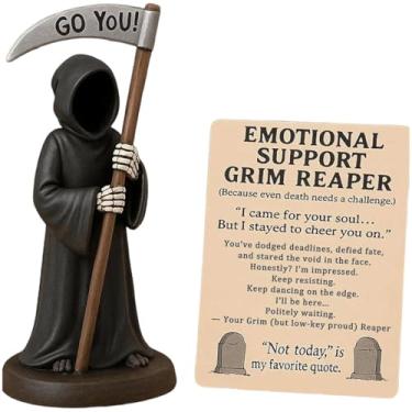 Imagem de Gorbgle Decoração de Halloween, decoração gótica, estátua de resina misteriosa com foice, roupão preto, estatuetas assustadoras, esculturas góticas, mesa de centro de mesa para escritório em casa